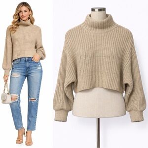 H&M | EUC Oatmeal Chunky Knit Cropped Balloon Sleeve Mock Neck Sweater (S)